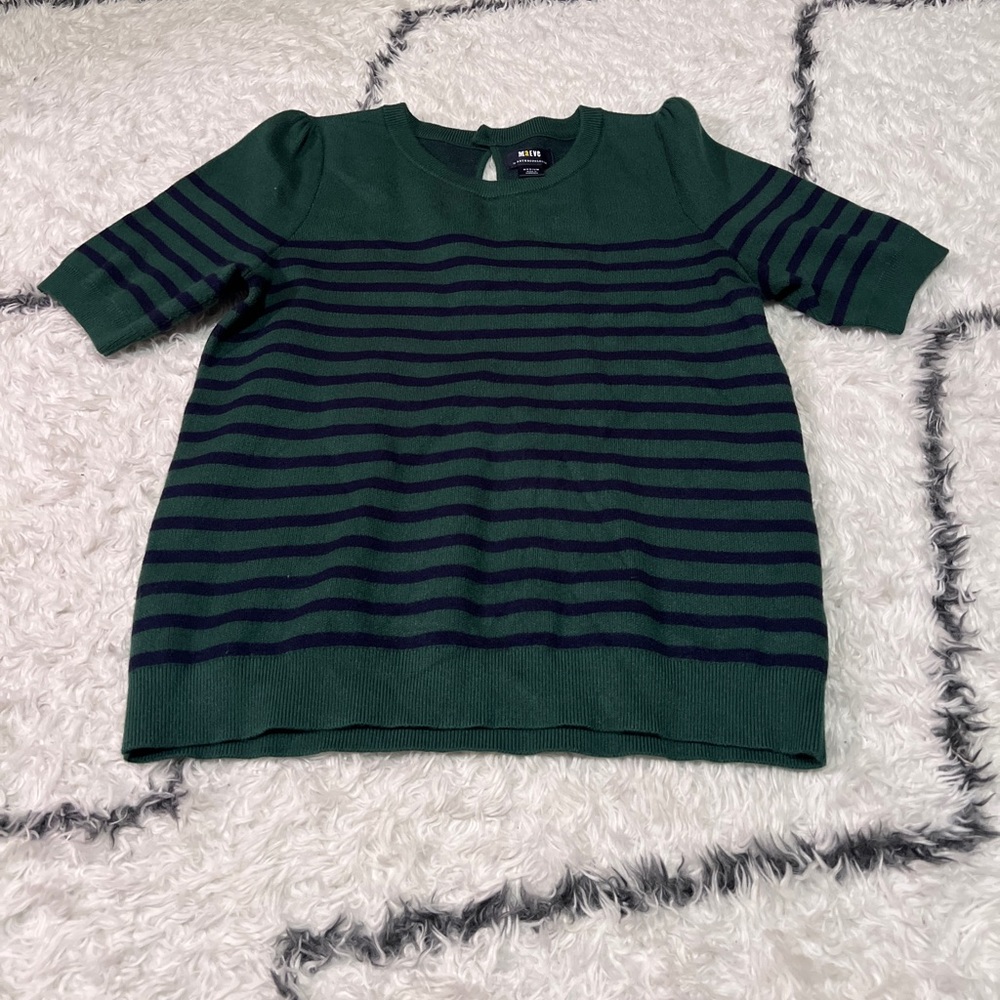 Green and Navy Striped Short Sleeved Jacquard Sweater Tee